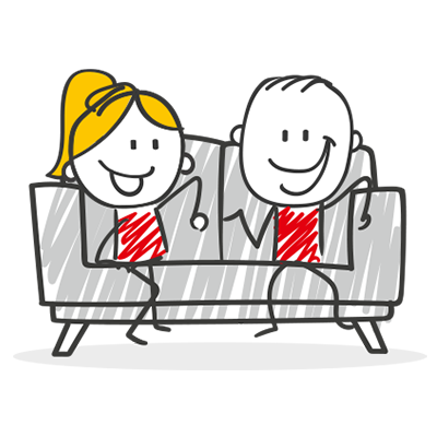 Zwei stickfigurenhafte Personen auf einem Sofa, eine männlich, eine weiblich, beide in roten Oberteilen.