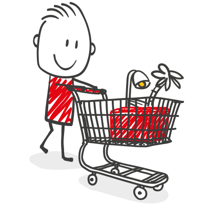 Shoppen bei Möbel AS- Emoji von einem Mann mit einem Einkaufswagen