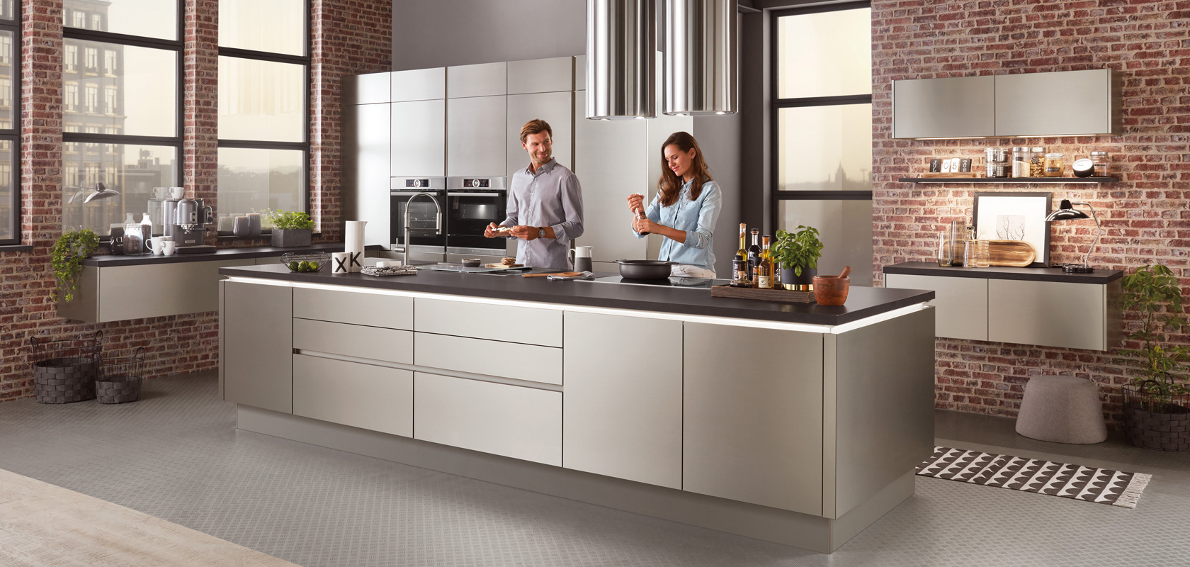 Küche modern grifflos grau  Kücheninsel  Nobilia Inox 216  Stahl gebürstet Nachbildung