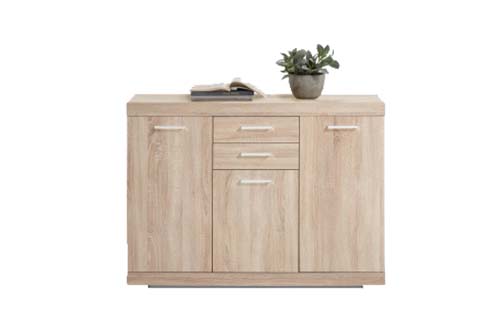 Möbel-AS- Kommode mit Holzoptik mit 5 Schubladen. Eine Vase und ein Buch sieht man auf der Kommode