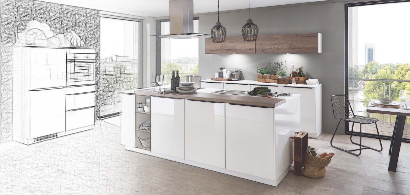 Küche Zeichnung modern weiß Kücheninsel