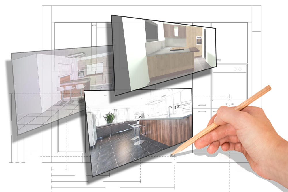 Visualisierung eines Küchenentwurfs mit Handzeichnung und mehreren 3D-Renderings über Bauplänen.