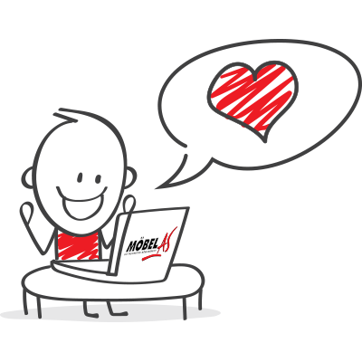 Fröhlicher Comic-Charakter sitzt am Laptop mit Möbel AS-Logo und zeigt seine Begeisterung durch eine Sprechblase mit rotem Herz.