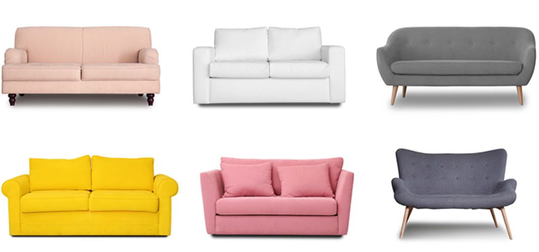 Sammlung von sechs Sofas in verschiedenen Farben und Designs, darunter ein rosafarbenes, ein weißes, ein graues, ein gelbes und zwei verschiedene Töne von Pink.