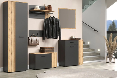 Garderobe aus Holz Spiegelgarderobe  Sitzgarderobe Jackenablage. Ein Hund sitzt auf dem Teppich