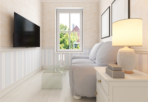 Helles Wohnzimmer mit schmalem Grundriss, grauem Sofa, Wandfernseher, Glastisch und Nachttischlampe.